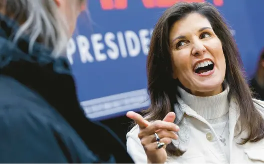  ?? JIM SLOSIAREK/THE GAZETTE ?? Nikki Haley gestures during a town hall Tuesday in Marion, Iowa. The former governor of South Carolina is seeking the Republican nomination for president in 2024.