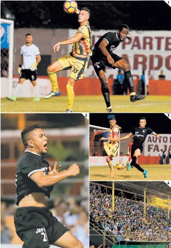  ?? FOTOS: EL HERALDO ?? (1) Ángel Tejeda pelea la pelota con André Ettienne. (2) Edwin León festeja el parcial 1-0. (3) Un duelo de hermanos y camellos: Edder y Juan Delgado. (4) La afición llegó en buen número.