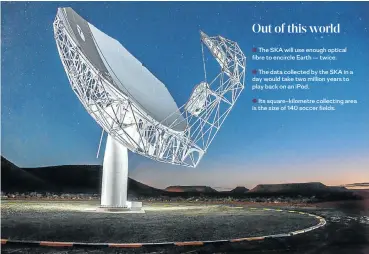  ??  ?? The first MeerKAT antenna was erected in the Karoo in 2014. The MeerKAT radio telescope is a precursor to the SKA.