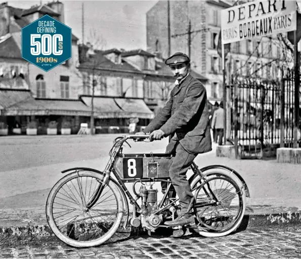  ??  ?? Above: A Monsieur Bonnard on a Werner 500 parallel twin at the start of the Paris-bordeauxpa­ris race in April, 1904