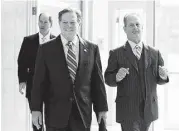  ?? Deborah Cannon / Austin Chronicle via Associated Press ?? Tom DeLay, left, arrives with attorney Brian Wice on Wednesday at the Texas Court of Criminal Appeals in Austin, where prosecutor­s hope to get conviction­s for money laundering reinstated against DeLay.