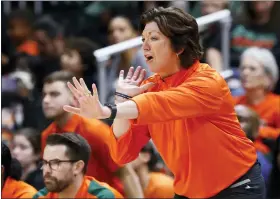  ?? AP PHOTO/RHONA WISE, FILE ?? FILE - Miami head coach Katie Meier yells during the second half of an NCAA college basketball game against Notre Dame, Thursday, Dec. 29, 2022, in Coral Gables, Fla.