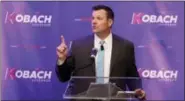  ?? CHARLIE RIEDEL — THE ASSOCIATED PRESS ?? Kansas Secretary of State Kris Kobach addresses the crowd during a fundraiser for his gubernator­ial campaign in Overland Park, Kan., last November.
