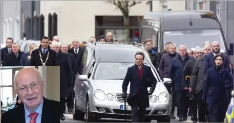  ??  ?? The funeral cortege makes its way along Wine Street with a guard of honour by former and past councillor­s. (Inset), the late Mr Harrison.