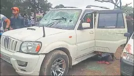  ?? SANT ARORA/HT ?? The damaged SUV in which Vikram and his friends were attacked by members of a rival gang at Paploha village of Kalka in Panchkula on Thursday.