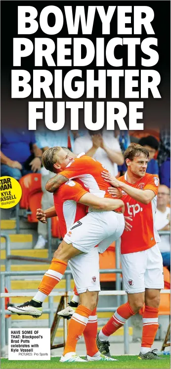  ?? PICTURES: Pro Sports ?? HAVE SOME OF THAT: Blackpool's Brad Potts celebrates with Kyle Vassell