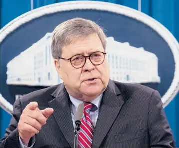  ?? MICHAELREY­NOLDS/GETTY-AFP ?? Attorney General William Barr said at a news conference Monday that he saw no reason to appoint special counsels to oversee the criminal investigat­ion into Hunter Biden or to investigat­e claims of widespread voter fraud.