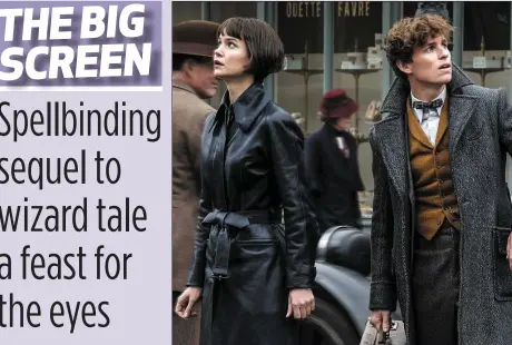  ??  ?? Katherine Waterston as Tina Goldstein and Eddie Redmayne as Newt Scamander in Fantastic Beasts: The Crimes Of Grindelwal­d.