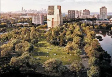  ?? OBAMA FOUNDATION ?? A rendering of the proposed Obama Presidenti­al Center, showing a north-facing view of the campus in Jackson Park.