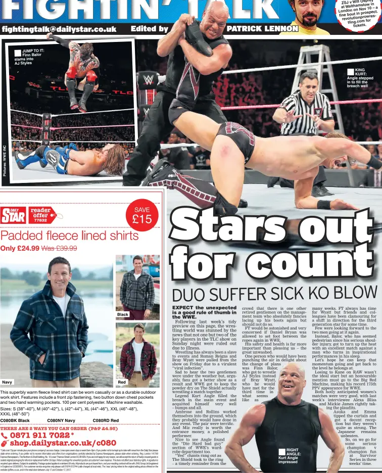  ??  ?? Navy JUMP TO IT: Finn Balor slams into AJ Styles C080BK Black C080NY Navy Black Red C080RD Red RIGHT ANGLE: Kurt Angle impressed REVPRO announced has Osprey ZSJ vWill ow in Walthamst at Nov 10 – a London on prospect. fine bout in prowresrev­olution...