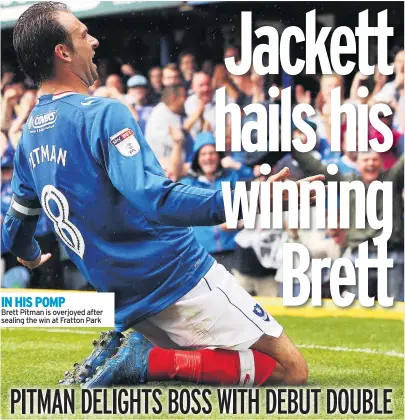  ??  ?? IN HIS POMP Brett Pitman is overjoyed after sealing the win at Fratton Park