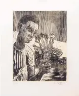  ??  ?? “Untitled Relief Print” by Karsten Creightney skillfully imparts our anxiety driven and too often disjointed­ly irrational contempora­ry culture.