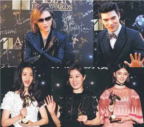  ??  ?? (Clockwise from top left) • Yoshiki from X Japan poses on the red carpet. • Taiwanese actor Rhydian Vaughan poses on the red carpet. • Chinese actor Lin Yun celebrates after winning the Rising Actor of Asia award. • South Korean actress Moon So-ri...