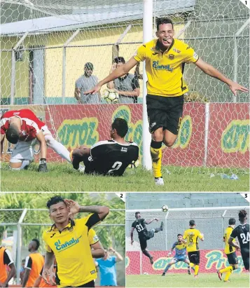  ?? FOTOS: EL HERALDO ?? (1) Ángel Tejeda festeja uno de sus dos goles, mientras Justin Pérez y Johnny Rivera lo lamentan. (2) Iván López, el mejor del partido, celebra uno de sus tantos con un “no los escucho”. (3) Momento en que el colombiano Yerson Gutiérrez marcaba el 2-0 a favor del Honduras de El Progreso.