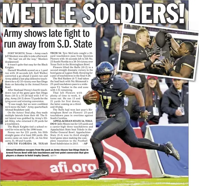  ?? GETTY ?? Ahmad Bradshaw escapes from the pack as Army chases San Diego State in Armed Forces Bowl with late touchdown and two-point conversion that give players a chance to hoist trophy (inset).