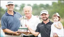  ??  ?? Patton Kizzire, (left), Greg Norman, Brian Harman and Harman’s daughter Marie Harman pose for photos after receiving the QBE Shootout tournament trophy at the Tiburón Golf Club on Dec 9 in Naples, Florida. (AP)