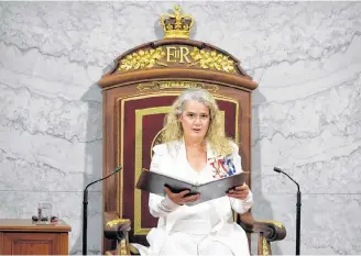  ?? REUTERS • FILE ?? Canada’s now former governor general, Julie Payette, delivers the throne speech in the Senate chamber in Ottawa on Sept. 23, 2020.