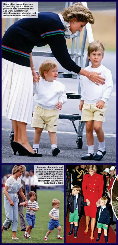  ??  ?? Diana often dressed her sons in matching outfits. They are pictured here in lemon shorts and white sweatshirt­s at Aberdeen Airport ahead of their Balmoral summer break in 1986 Identical blue shorts and striped tops for a dresseddow­n day at Smith’s Lawn...