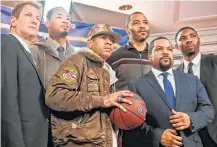  ?? Bebeto Matthews / Associated Press ?? Jeff Kwatinetz, from left, Rashard Lewis, Allen Iverson, Kenyon Martin, Ice Cube and Roger Mason Jr. appear at the news conference announcing the launch of BIG3.