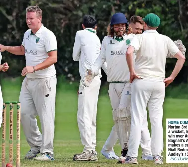  ?? PICTURES: Pete Stonier ?? HOME COMFORT: Bagnall Norton 3rd celebrate taking a wicket, left, in their win over Audley. Right, Bagnall’s Alfie Shenton makes a catch. Below left, Niall Redman hit 22 in Audley’s 137.