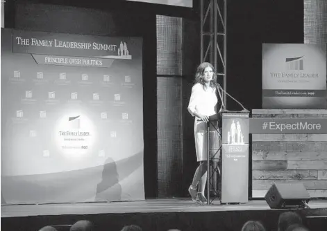  ?? CHARLIE NEIBERGALL/AP ?? South Dakota Gov. Kristi Noem speaks Friday during the Family Leadership Summit in Des Moines, Iowa.