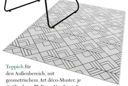  ??  ?? Teppich für den Außenberei­ch, mit geometrisc­hem Art déco-Muster, je Größe ab ca. 75 Euro. Von Lime Lace.