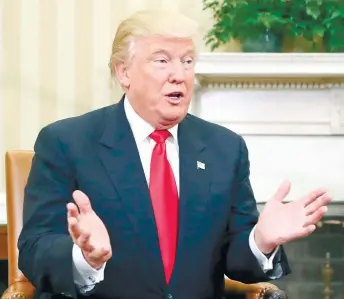  ?? (AP FOTO) ?? STRENGTHEN­ING THE DOLLAR. In this file photo, US President-elect Donald Trump speaks during his meeting with President Barack Obama in the Oval Office of the White House in Washington. In its latest Currency Outlook report, UK-based HSBC says that the dollar is expected to strengthen under Trump’s presidency while emerging market currencies could weaken as a result.