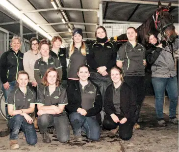  ??  ?? Students at Gippsland Harness Training Centre welcome group 1 winner Charlie Machsheen to the stable. Pictured back row from left Gippsland Harness Training Centre Manager Jenni Lewis, Natasha Grzesinki, Gemma Andrews, Leonie Gracie, Jess Johnson,...