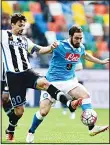  ??  ?? Napoli’s forward from Argentina Gonzalo Higuain (right), fights for the ball with Udinese’s defender from Brazil Felipe Dal Bello during the Italian Serie A football match Udinese vs Napoli at Friuli Stadium in Udine on April 3.