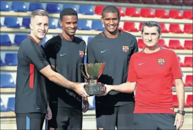  ??  ?? DEBUTANTES. Deulofeu, Semedo, Marlon y Valverde, con el Gamper, en el que se estrenan.