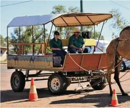  ??  ?? TEAM EFFORT: Tom and Kyrraley Woodhouse run camel carriage rides both around Boulia, and at various camel events. The carriage is being pulled by two of their best carriage camels, Mario and Golly.