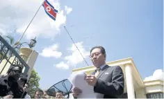  ?? AFP ?? Kang Chol, North Korea’s ambassador to Malaysia, addresses journalist­s outside the North Korean embassy in Kuala Lumpur yesterday.