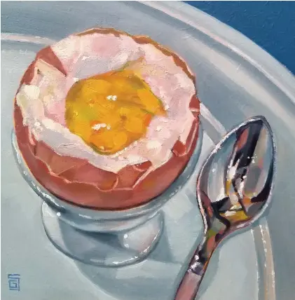  ??  ?? > Egg and Spoon by Geoff Shillito, oil on board, 18 x 18 cms, £300