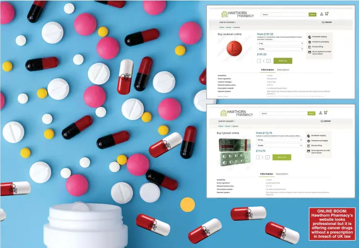  ?? Pictures: GETTY ?? ONLINE BOOM: Hawthorn Pharmacy’s website looks profession­al but it is offering cancer drugs without a prescripti­on in breach of UK law