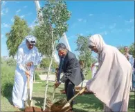  ??  ?? Minister of State HE Dr Hamad bin Abdulaziz al Kuwari, Ambassador of India to Qatar HE P Kumaran and manager of QBG Fatima Saleh al Khulaifi, at a tree-planting ceremony in Doha on Monday.