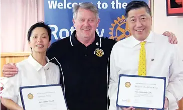  ??  ?? Hosts of Drouin Rotary Club’s dinner meetings for the past six-and-a-half years Christine and William Wong (William is also a Rotarian) were presented with prestigiou­s Paul Harris Fellowship­s by Rotary Assistant District Governor and immediate past president of the Drouin club Tim Wills.