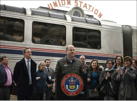  ?? ERIC LUTZENS — THE DENVER POST ?? Gov. Jared Polis delivers remarks before boarding a passenger train going from Union Station in Denver to Longmont during an inspection and demonstrat­ion trip of the Front Range Passenger Rail Train on Thursday.