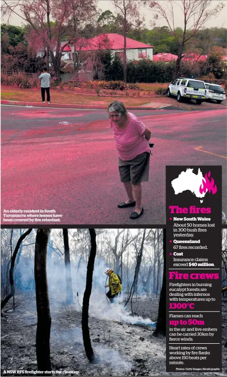  ??  ?? An elderly resident in South Turramurra where homes have been covered by fire retardant.
A NSW RFS firefighte­r starts the clean-up.