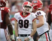  ?? Gregory Bull / AP ?? Georgia kicker Rodrigo Blankenshi­p celebrates after kicking a field goal during the first half of the Rose Bowl.