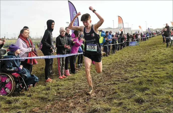  ??  ?? Michael Morgan of Summerhill College celebrates winning the intermedia­te boys 5000m during the Irish Life Health All Ireland Schools Cross Country at Waterford IT in Waterford. Pic: Matt Browne/Sportsfile