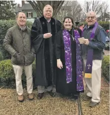  ?? BY ANN MARIE ANDERSON ?? Rev. Miller Hunter, Rev. Russ Savage, Rev. Jessie Colwell, Rev. Walt Childress offered ashes in the center of town on Ash Wednesday.