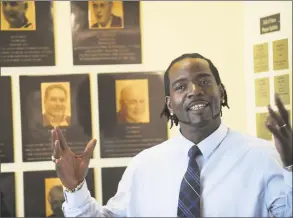  ?? Michael Cummo / Hearst Connecticu­t Media ?? Rashamel Jones speaks during the ceremony announcing the 2018 inductees to the Fairfield County Sports Hall of Fame inside UConn Stamford on June 20. Jones was a basketball star at both Trinity Catholic and UConn and still holds the all-time boys Stamford record for career points with 2,301.