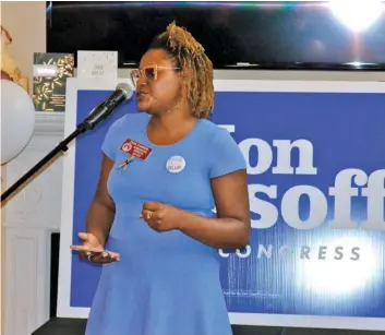  ??  ?? Georgia state Rep. Park Cannon (D-Atlanta) addresses the audience at a LGBT families meetand-greet for Congressio­nal candidate Jon Ossoff on June 9. (Photo by Dallas Anne Duncan)