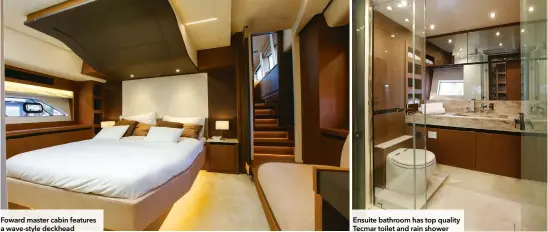  ??  ?? Foward master cabin features a wave-style deckhead
Ensuite bathroom has top quality Tecmar toilet and rain shower