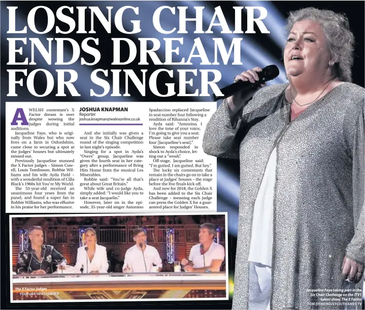  ?? YOUTUBE/XFACTOR/ITV TOM DYMOND/SYCO/THAMES TV ?? The X Factor judges Jacqueline Faye taking part in the Six Chair Challenge on the ITV1 talent show, The X Factor