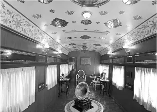  ??  ?? A view of the interiors of the saloon built for the Maharajah of Jodhpur and later used by the Bombay Baroa and Central India Railway