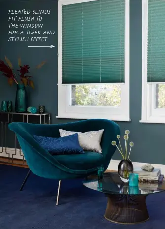  ??  ?? METRO GREEN
FEATURING AN ABSTRACT PATTERN picked out in silver against a rich green background, this opulent blind adds a touch of class to any room. pleated blinds fit flush to the window for a sleek and stylish effect