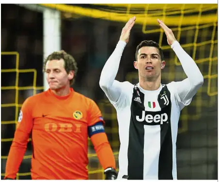  ?? — Reuters ?? Wasted chance: Juventus’ Cristiano Ronaldo reacts after Young Boys’ Marco Wolfli makes a save during their Champions League match on Wednesday.