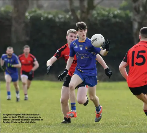  ?? Photo by Domnick Walsh ?? Ballymacel­ligott’s Mike Horare (blue ) takes on Kevin O’Sullivan, Kenmare, in their SFL Division 2 game in Ballymac on Sunday.