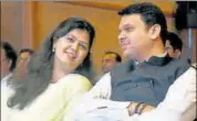  ?? PTI ?? Maharashtr­a chief minister Devendra Fadnavis with WCD minister Pankaja Munde during the launch of MahaDBT and MahaVASTU web portals, in Mumbai on Thursday.